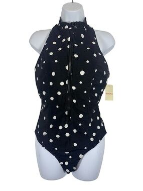 Crescent Drive Polka Dot One Piece Half Zip Swimsuit High Neck Racerback SzL NWT